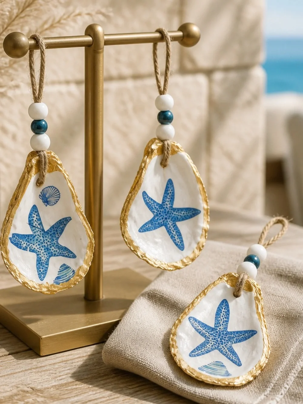 Decoupaged Blue Starfish Oyster‎ Shell Ornament with Gold Gilded Trim